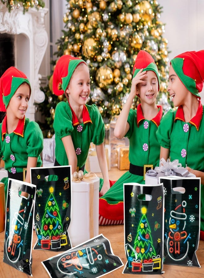 ANGOLIO 50Pcs Christmas Glow in the Dark Favors Bags Print Christmas Tree Snowman Candy Treat Bags with Handles Plastic Gifts Snack Bags Party Favor Supplies Back to School for Kids - Image 5